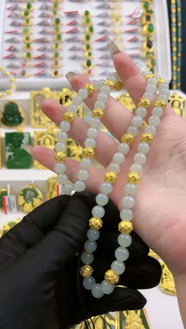和田玉足金镶嵌项链黄金和田玉转运珠项链