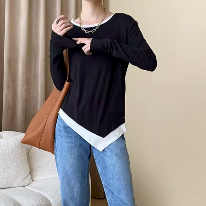 BT-K3294 圆领不规则下摆长袖T恤宽松显瘦打底衫 Q611-25071602