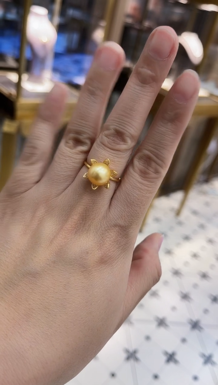 【闪购商品】海水珍珠戒圈银S925镶嵌金珠戒指10mm