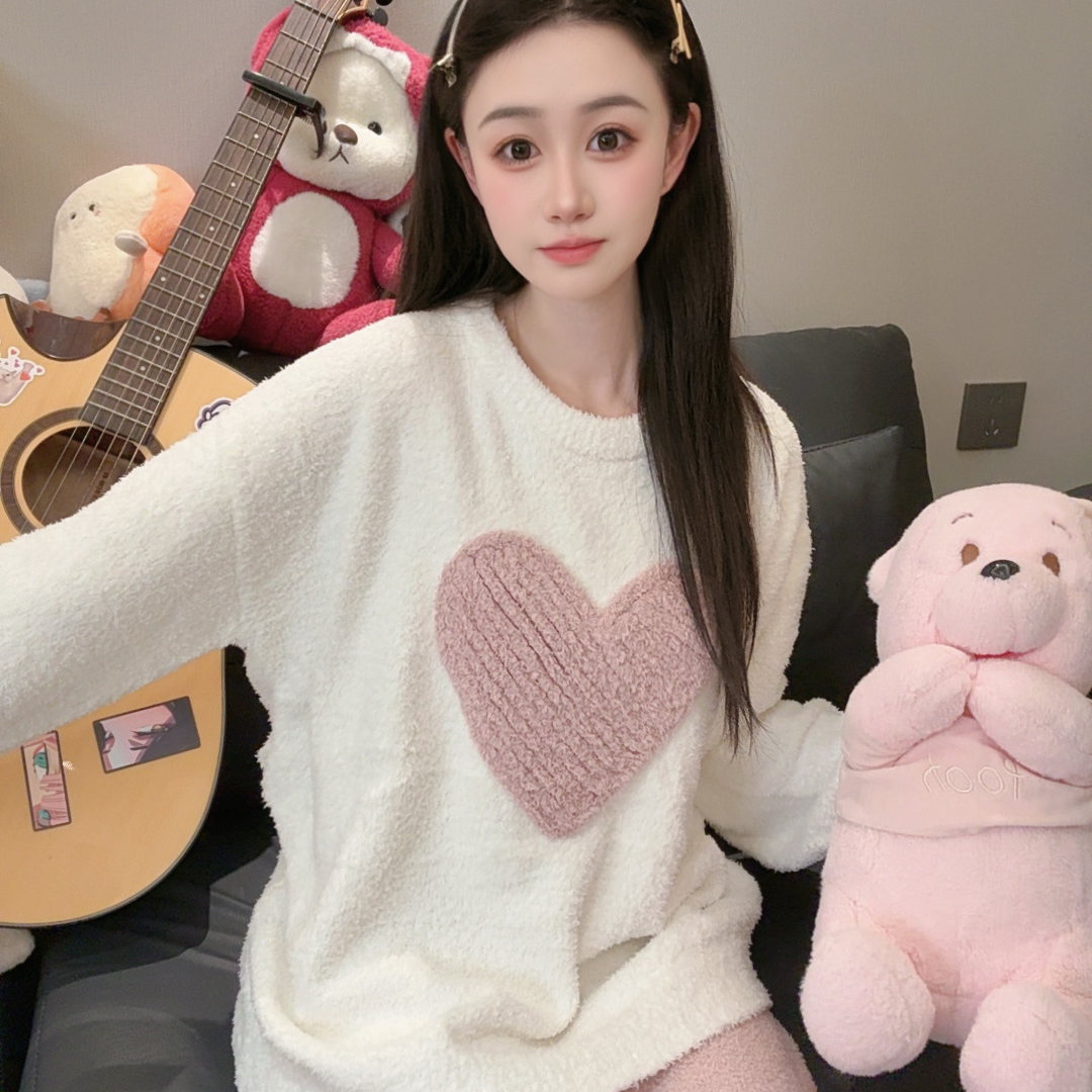 2025爱心冬季半边绒睡衣女加绒保暖休闲可外穿家居服套装