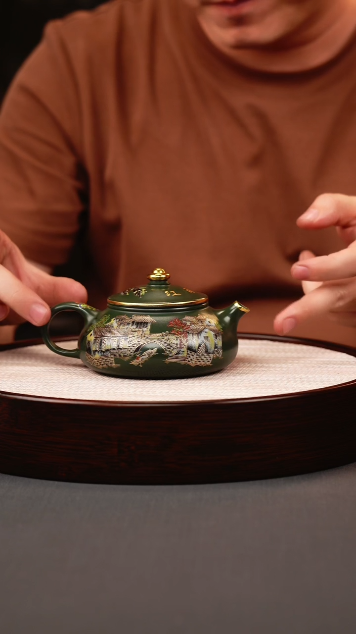 茶壶紫砂绿泥珐琅彩忆江南寒江