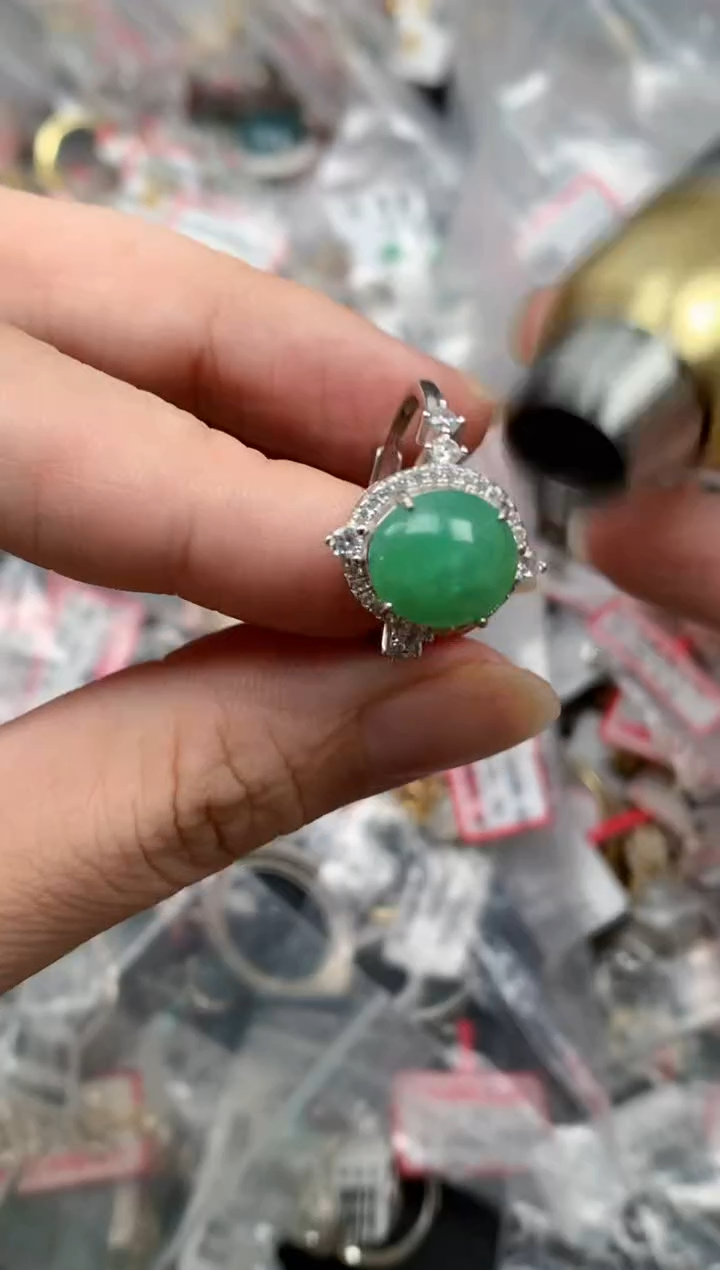 翡翠戒指银S925镶嵌天然A货缅甸翡翠