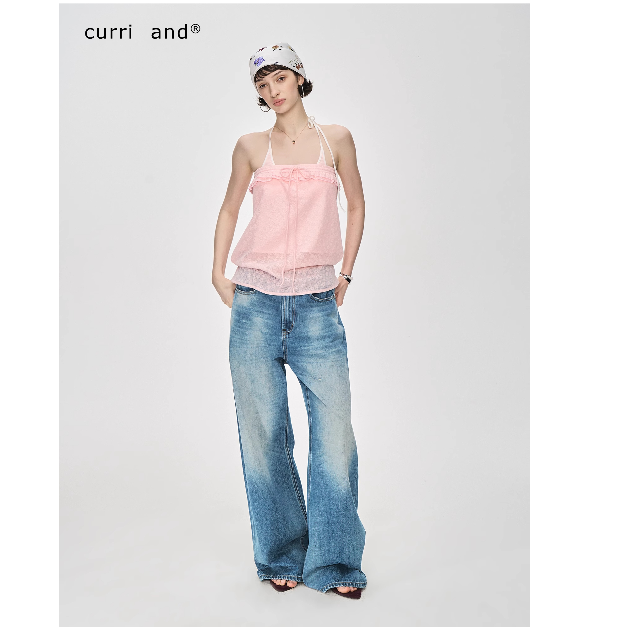 curriand做旧新款蓝色水洗显瘦显比例遮肉宽松牛仔裤女款洋气