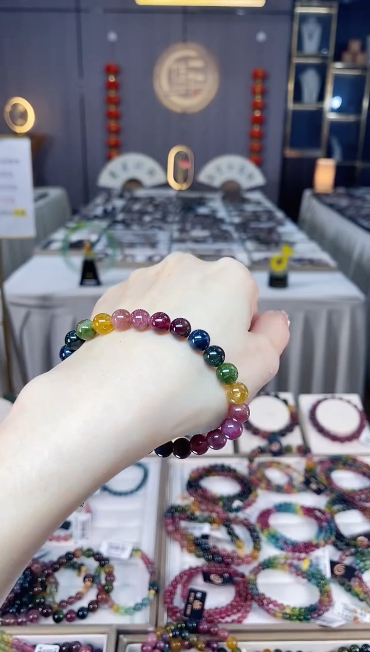 未镶嵌老矿碧玺色标彩虹单圈手串7mm+碧玺dan多样性发货一条