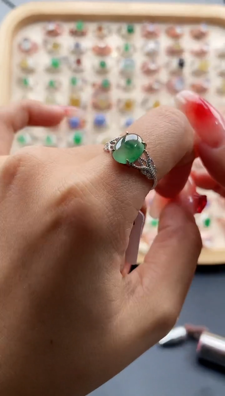 【闪购商品】翡翠戒指银S925镶嵌缅甸天然A货翡翠222 6+7