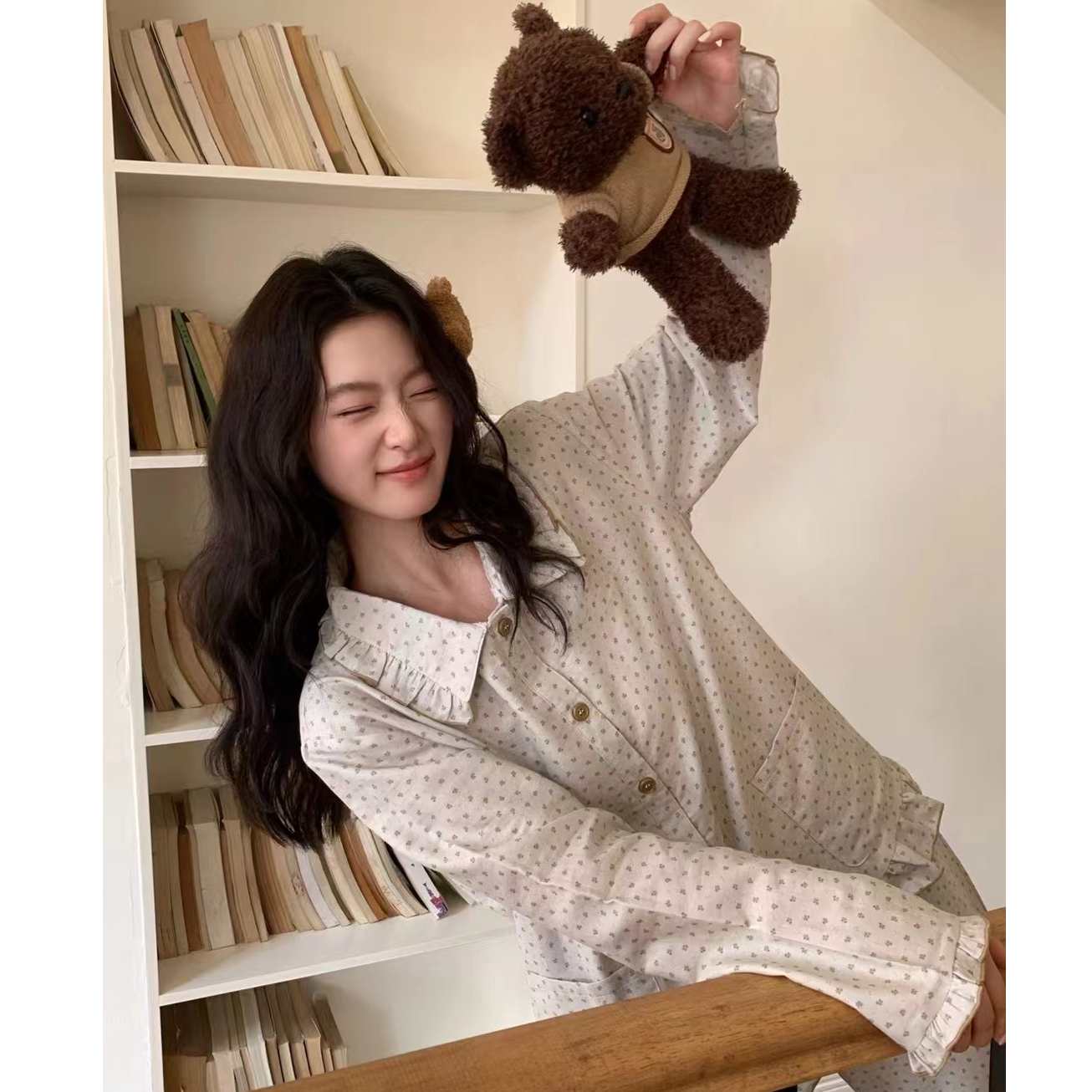 新款全棉双层纱长袖长裤女款四季家居服睡衣花边领可爱风