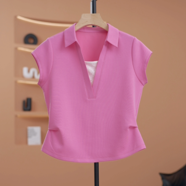 【w】时尚显瘦掐腰设计感V领假两件T恤-Y17894