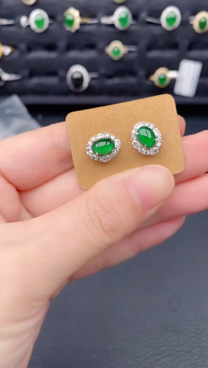 银S925镶嵌翡翠耳饰天然a货翡翠306