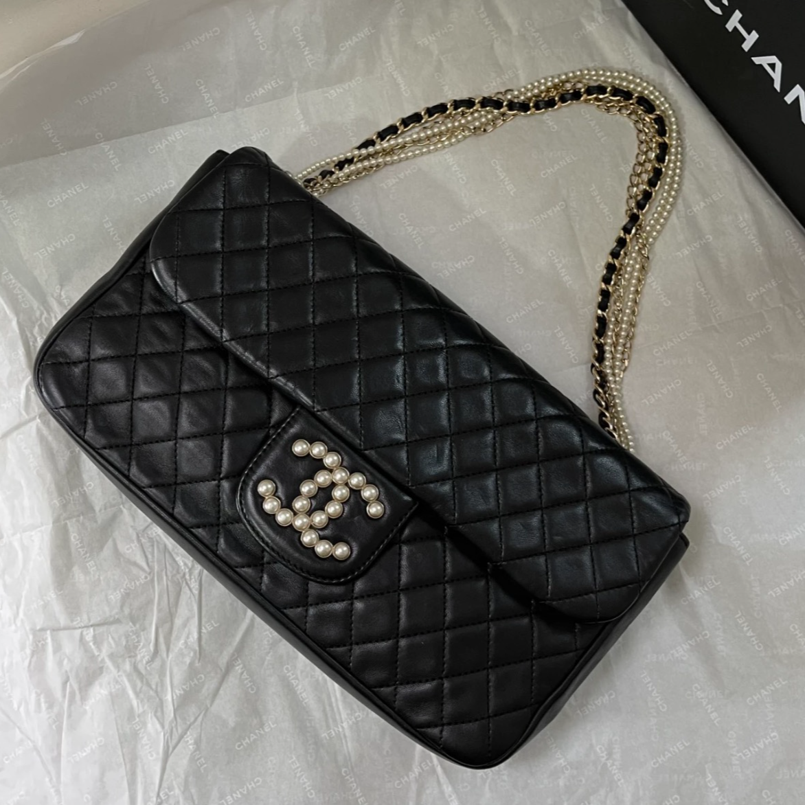 95新 Chanel/香奈儿 黑金威斯米斯特珍珠单肩包