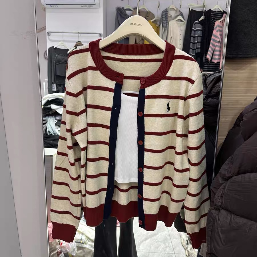 秋款百搭红色条纹韩系刺绣小标拼色针织开衫外套