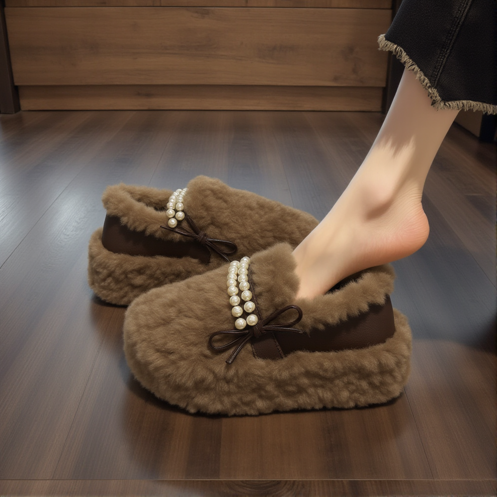 羊羔绒毛毛鞋女2025年新款冬季厚底珍珠小香风蝴蝶结加绒孕妇棉鞋
