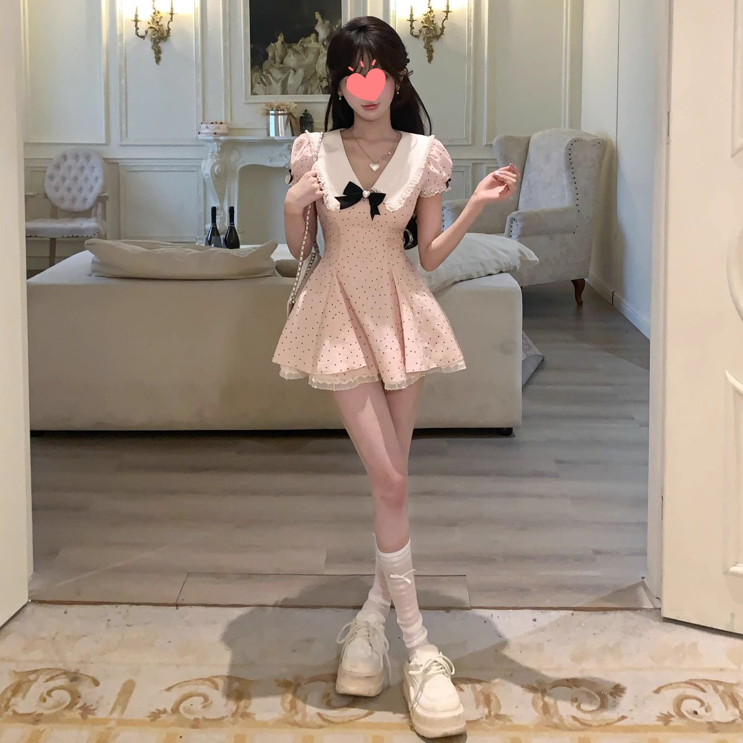 法式粉色波点蝴蝶结泡泡袖拼接连衣裙女纯欲甜美显瘦气质短裙-1