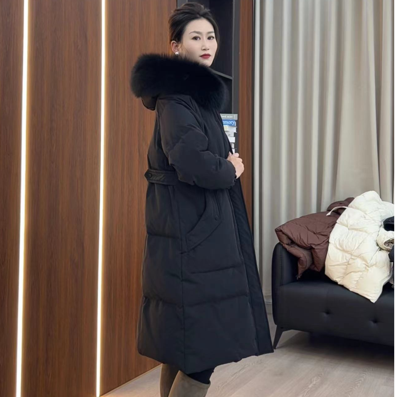 ZROCHYMUN反季白鸭绒连帽宽松加厚环保毛领长款羽绒服
