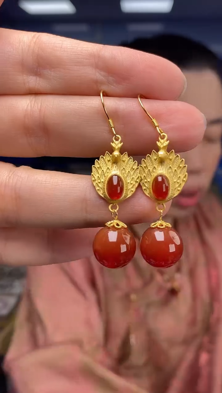 银S925镶嵌耳饰玛瑙/玉髓G14041