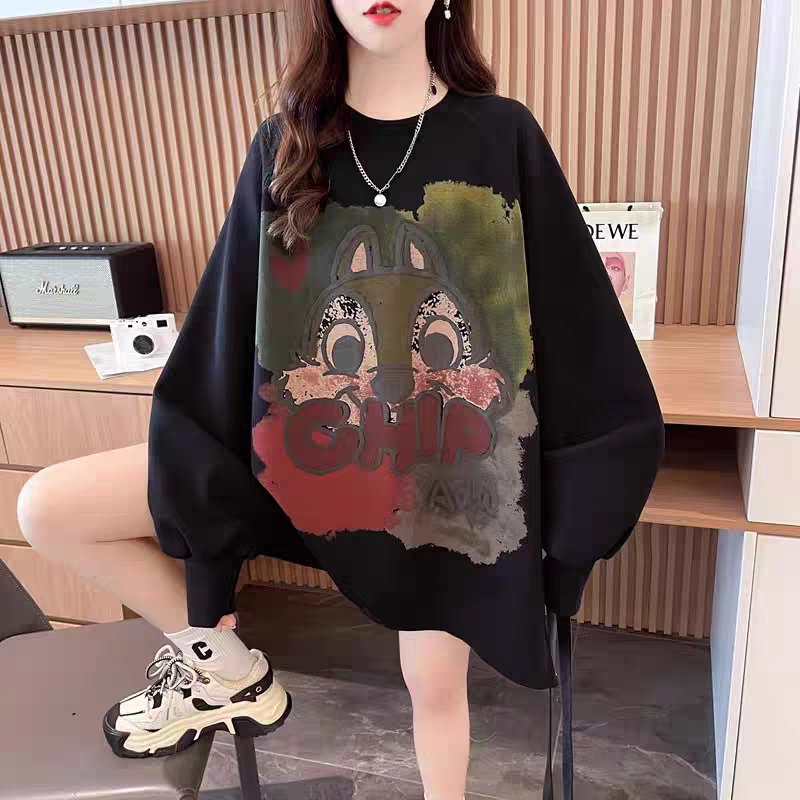 慵懒风宽松复古开叉拉链中长款卫衣女秋季新款大码女装宽松上衣潮