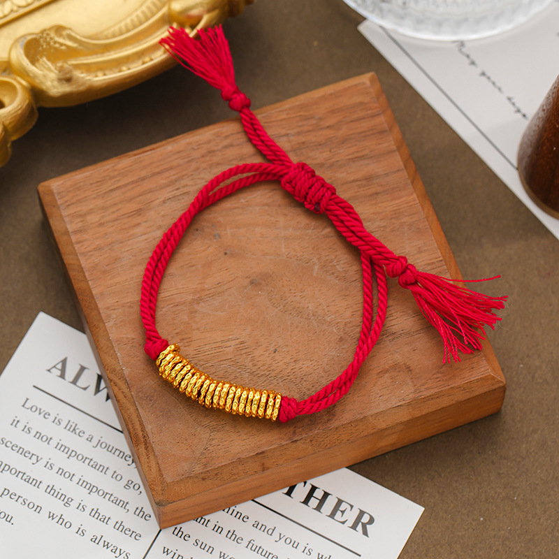 铜合金涤纶手链 金店同古法24K镀金盘缠金手链手绳红绳盘缠手链