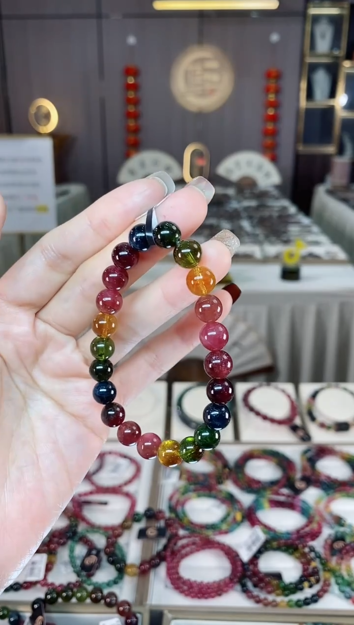 未镶嵌老矿碧玺色标彩虹单圈手串8mm+碧玺dan多样性发货一条