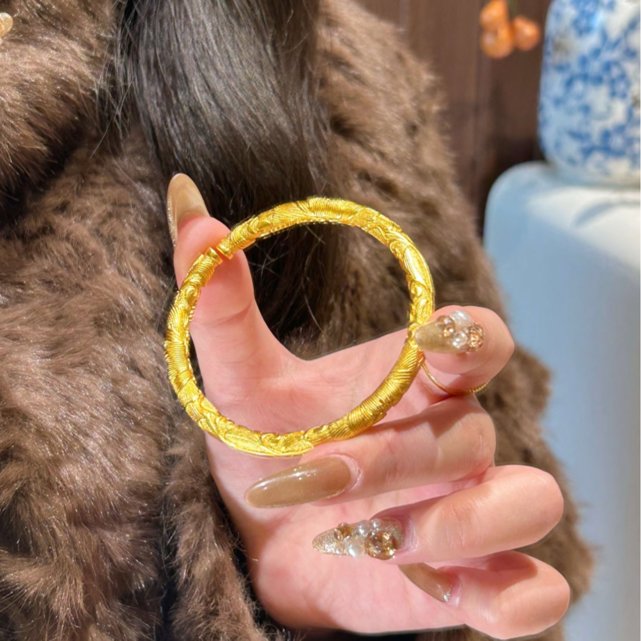 铜合金手镯 新中式牡丹花手镯花开富贵浮雕刻花纹开口镯子复古