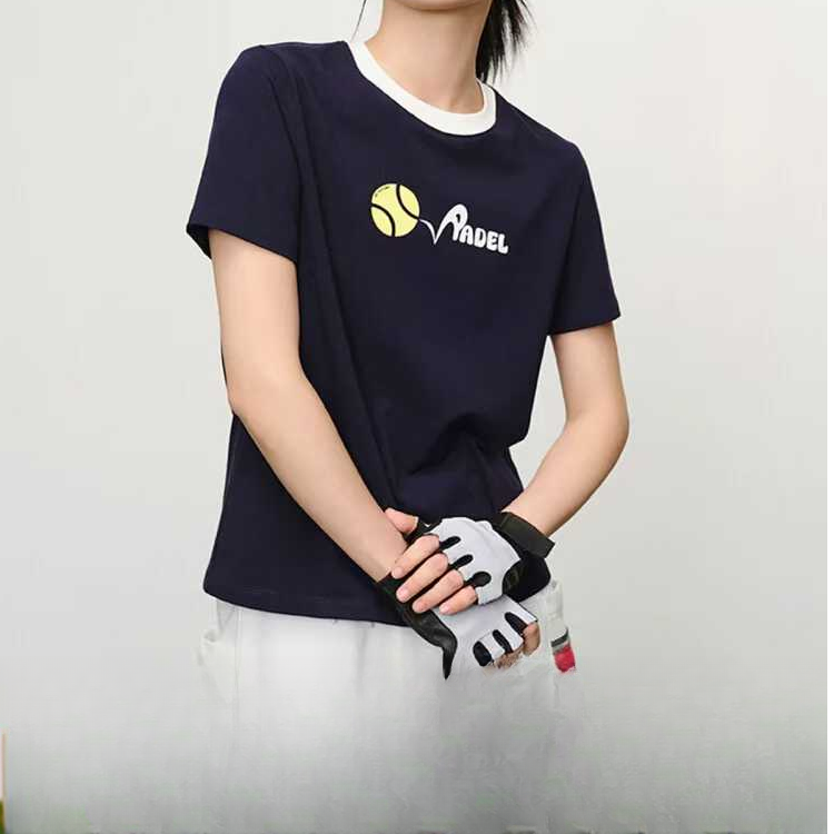 小雅家弹力罗纹撞色网球运动风圆领T恤上衣