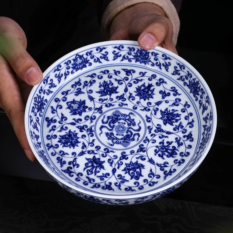 釉下彩青花永乐缠枝莲壶承干泡盘