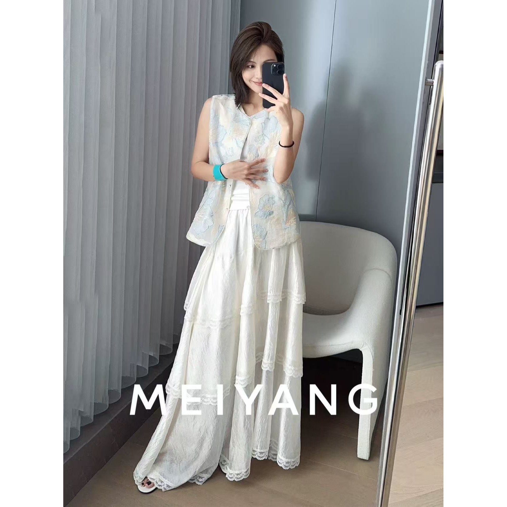 美洋MEIYANG 罗马塔半身裙 白月光~皱感醋酸A字甜美蛋糕裙-周四