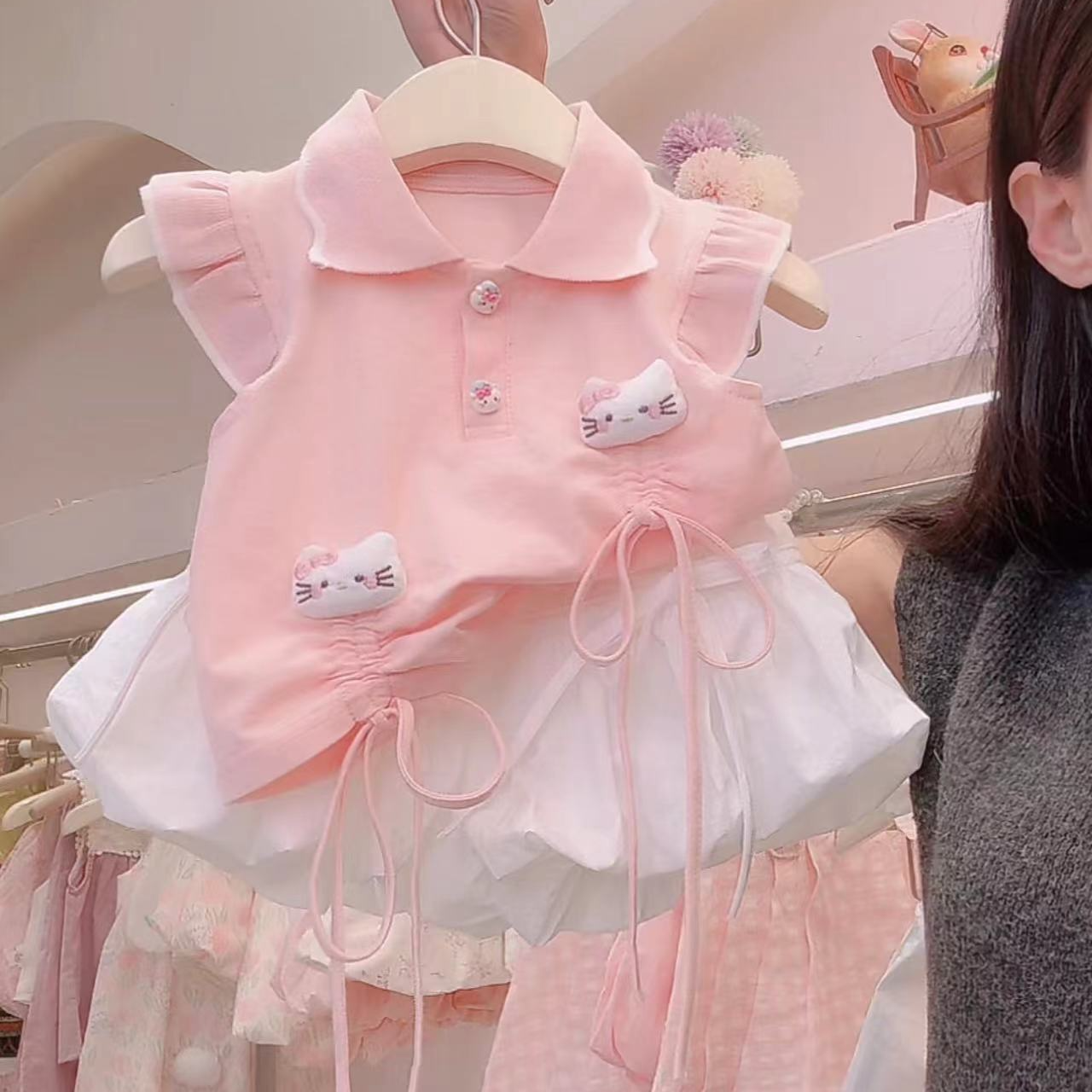 X16女宝夏季粉色女童洋气夏款甜美时尚卡通可爱polo套装