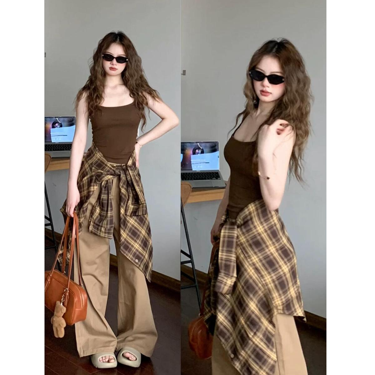 早秋美式复古卡其色格子衬衫女美拉德穿搭休闲磨毛百搭衬衣外套