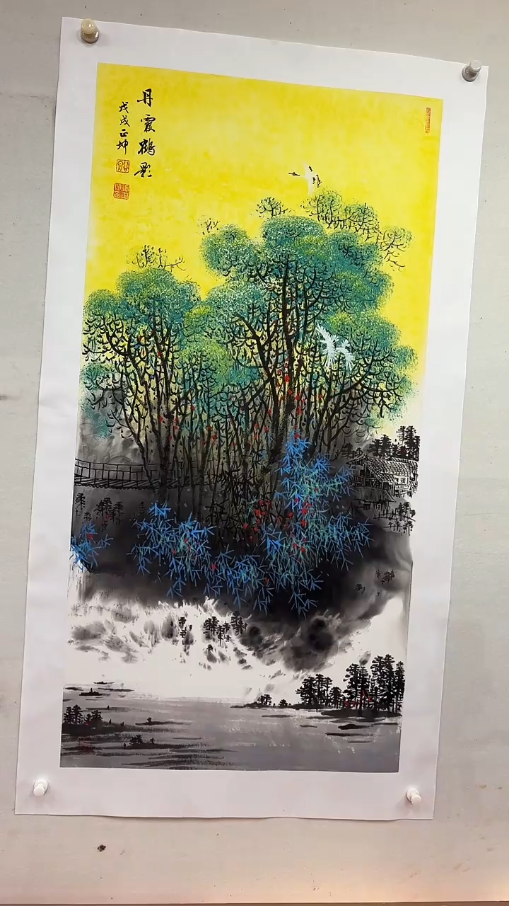 国画丹霞鹤影/4尺托底/谭正坤