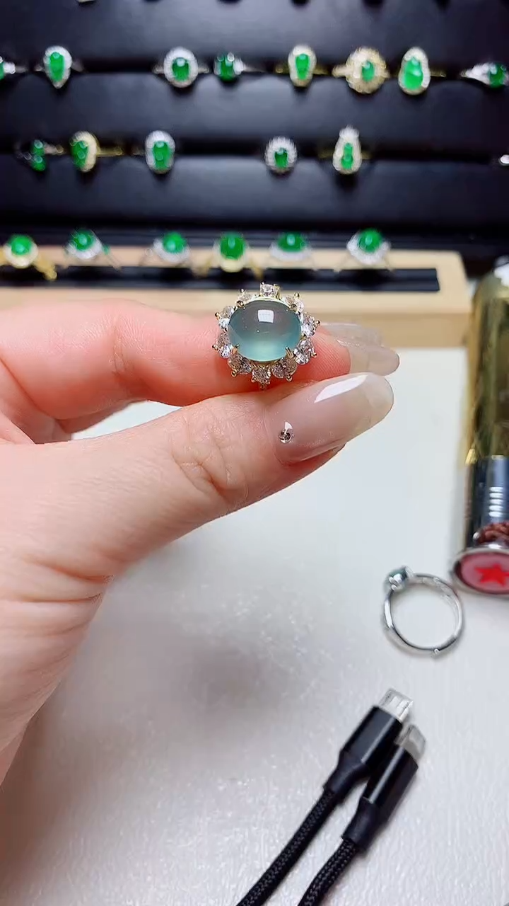 翡翠戒指银S925镶嵌天然翡翠s925银镶嵌