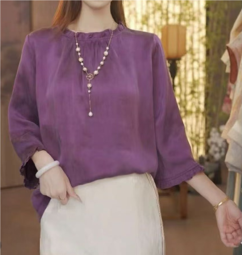 【722】新中式纯色长袖上衣木耳须领时尚百搭宽松套头中国风女