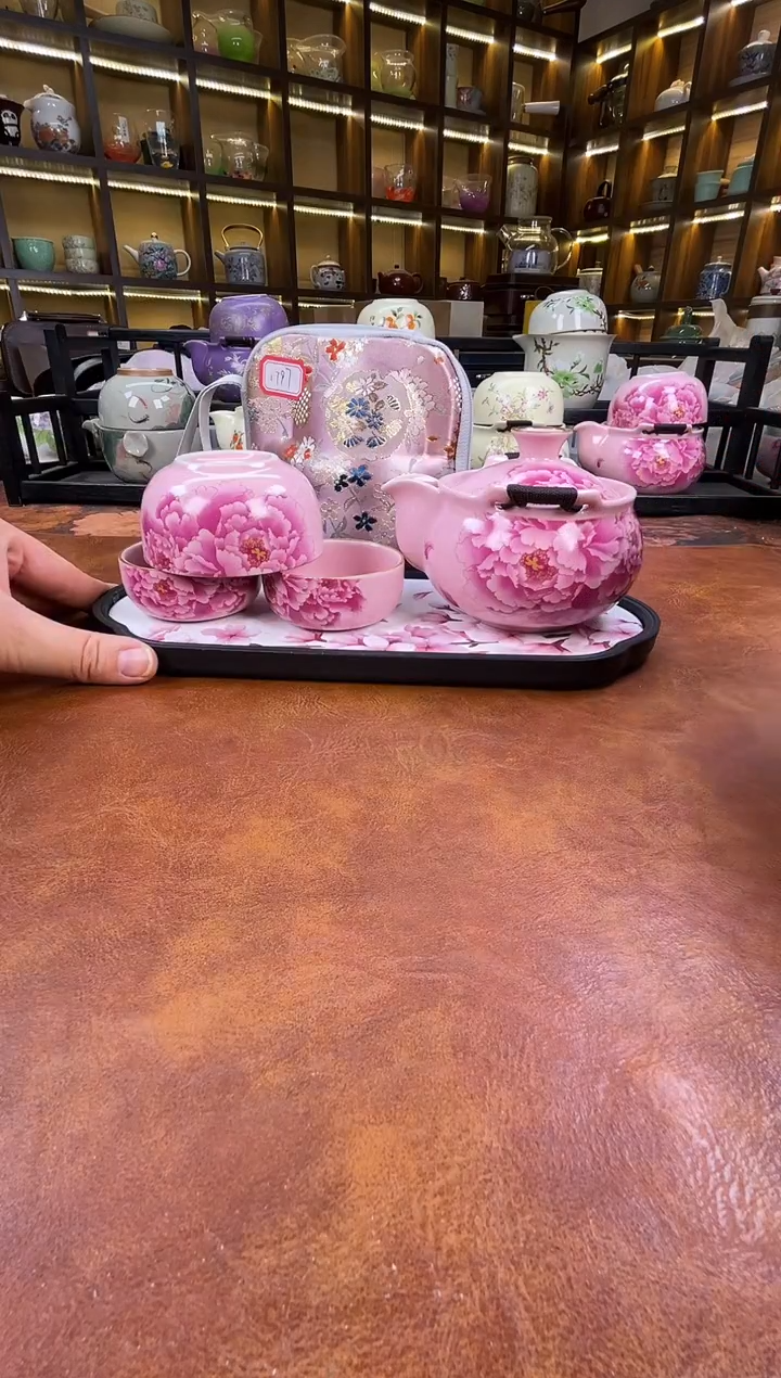 瓷片新款粉色牡丹宝瓶+长方粉色花朵盘