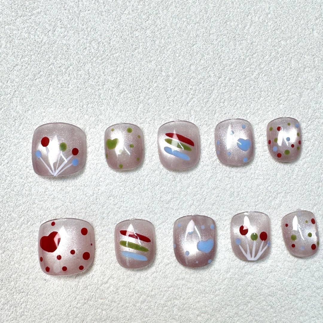 小童2-12岁学生女童新款卡通波点猫眼短款穿戴美甲手工美甲贴片