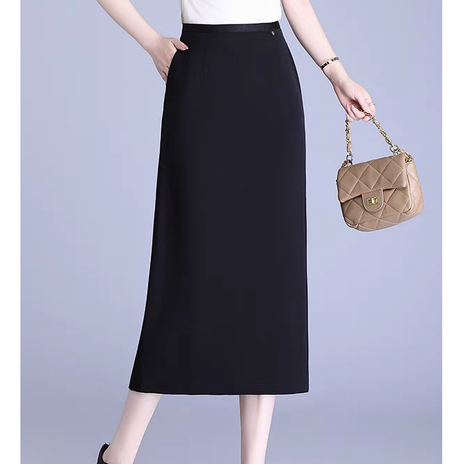 冰丝直筒后开叉松紧高腰中长款半身裙T03# 裙长82