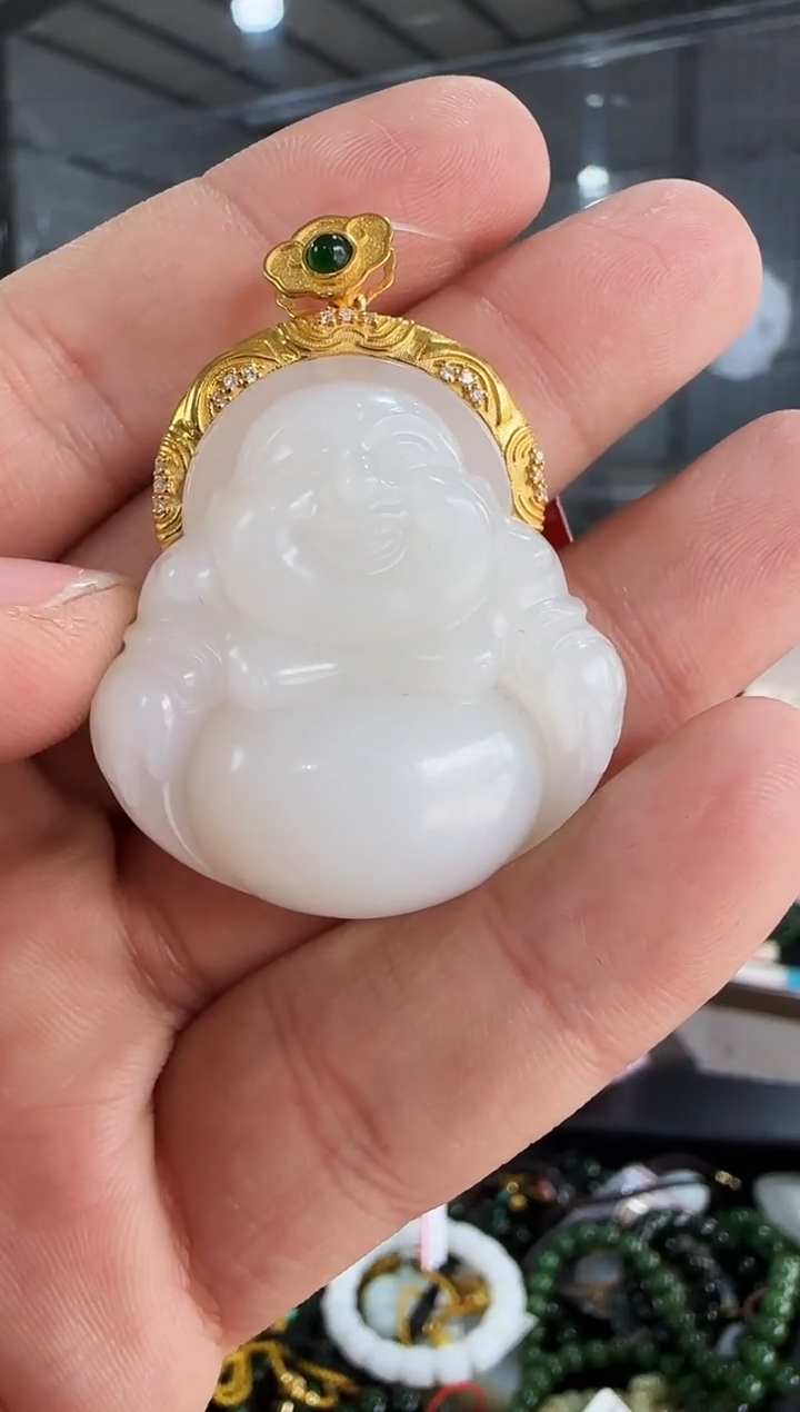 【闪购商品】和田玉吊坠18K金镶嵌新疆于田佛公