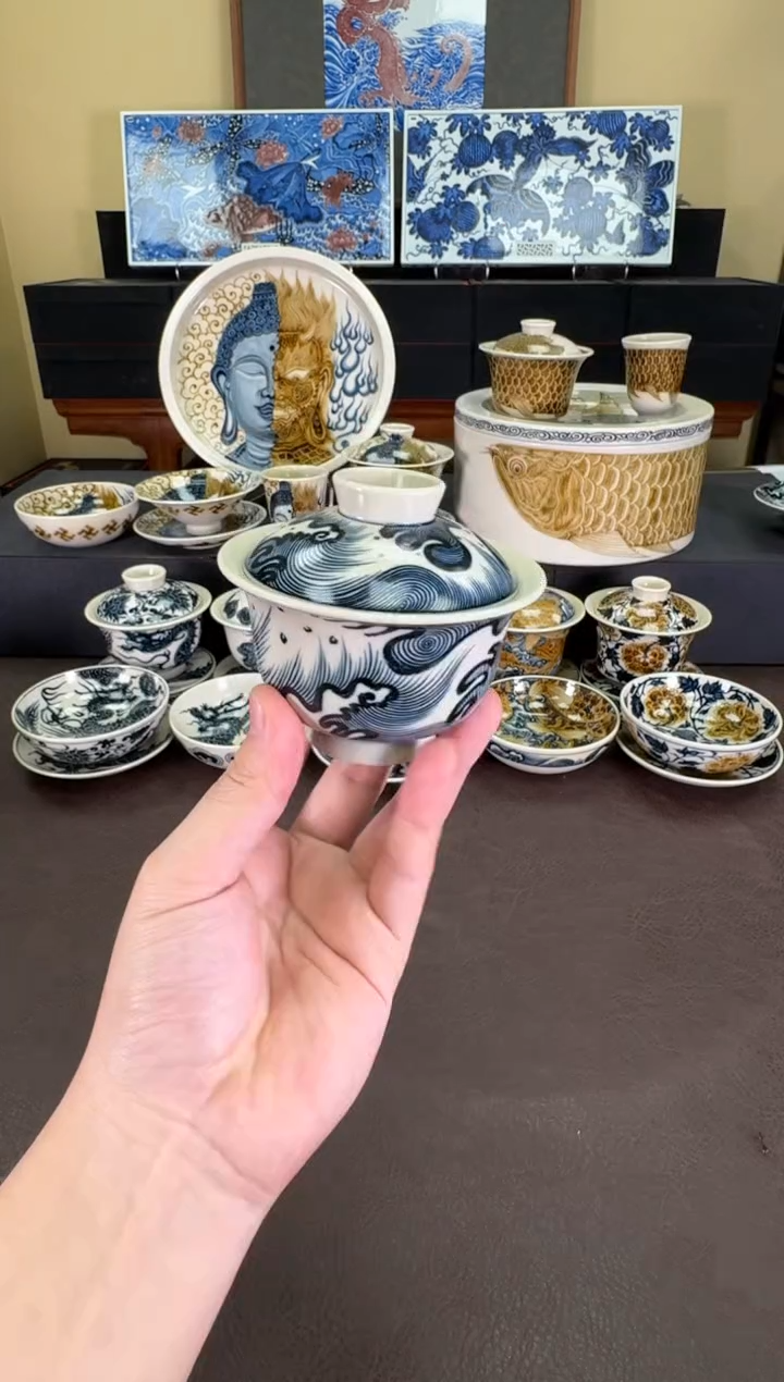 【闪购商品】二号釉纯海浪纹盖碗