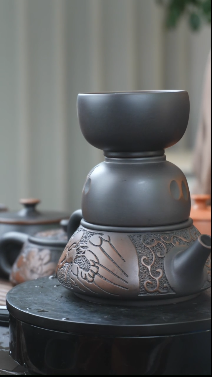 【闪购商品】建水紫陶满阳刻上善若水+2荷花杯