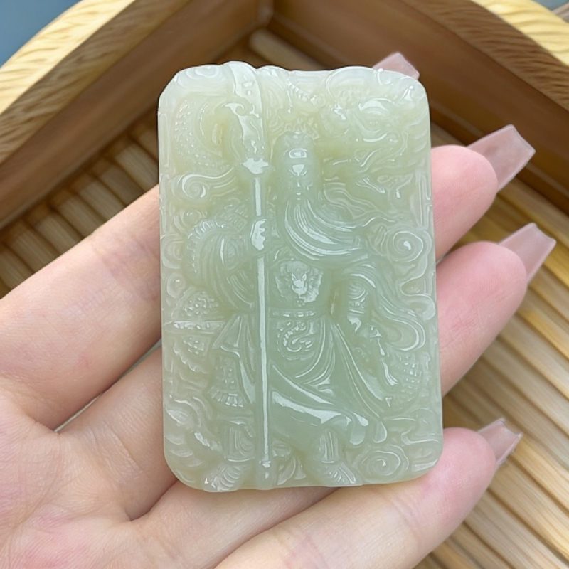 双面雕关公招财立刀关羽玉牌