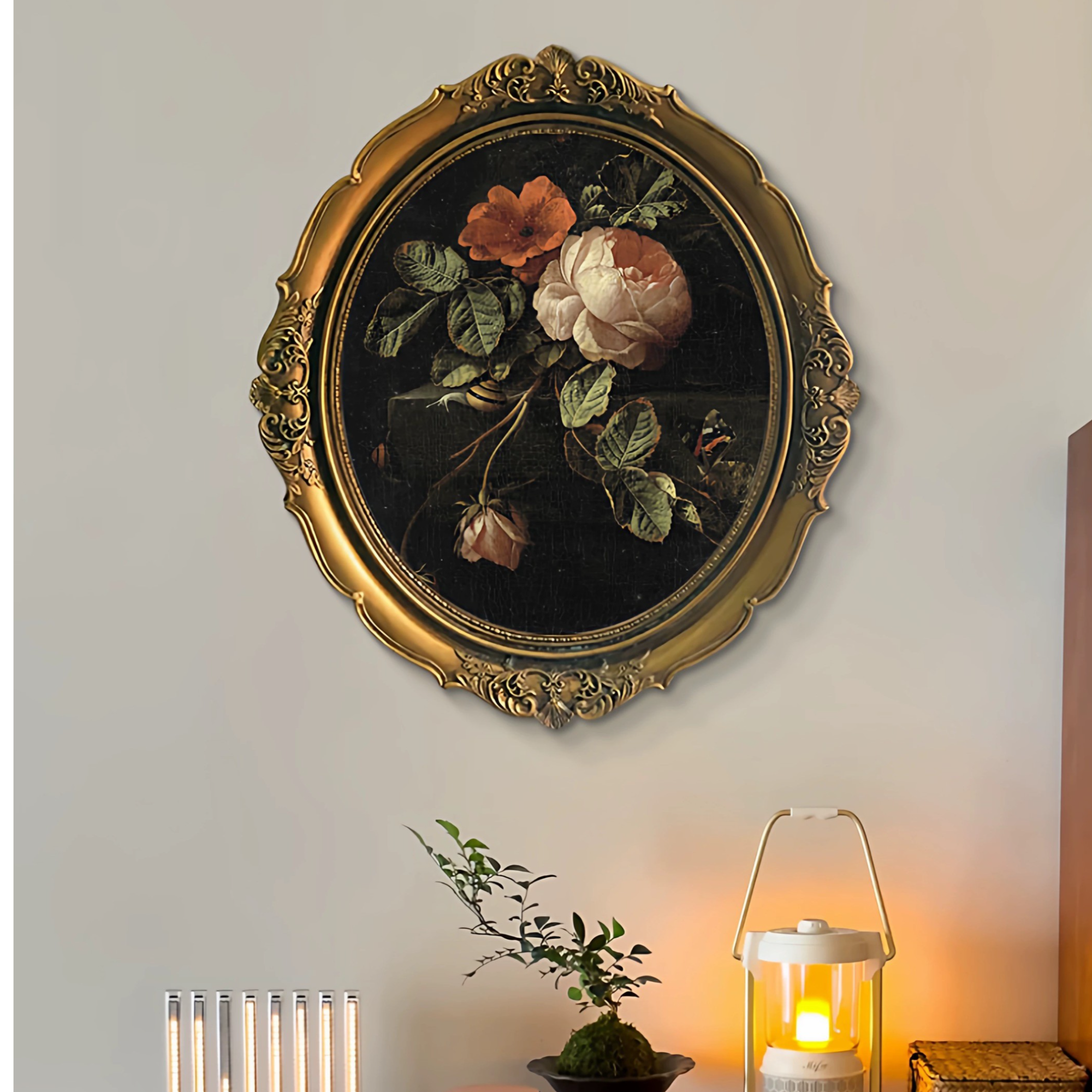 手工油画美式入户玄关古典装饰画欧式法式中古风客厅餐厅椭圆挂画