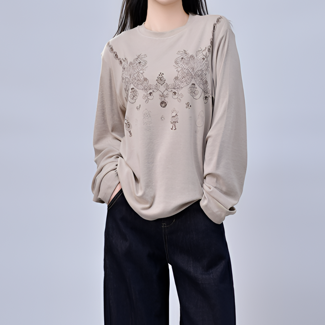 2025新款小众设计师古着蕾丝印花三色休闲长袖T恤宽松打底衫女