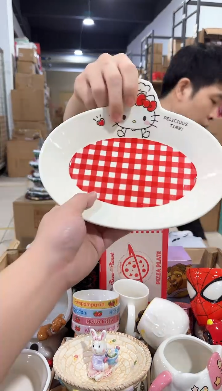 瓷片原盒kt猫红格子餐盘