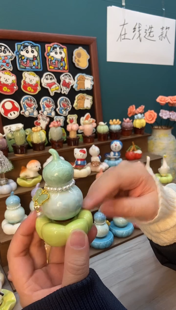 摆件陶绿色葫芦景德镇陶瓷摆件1个装