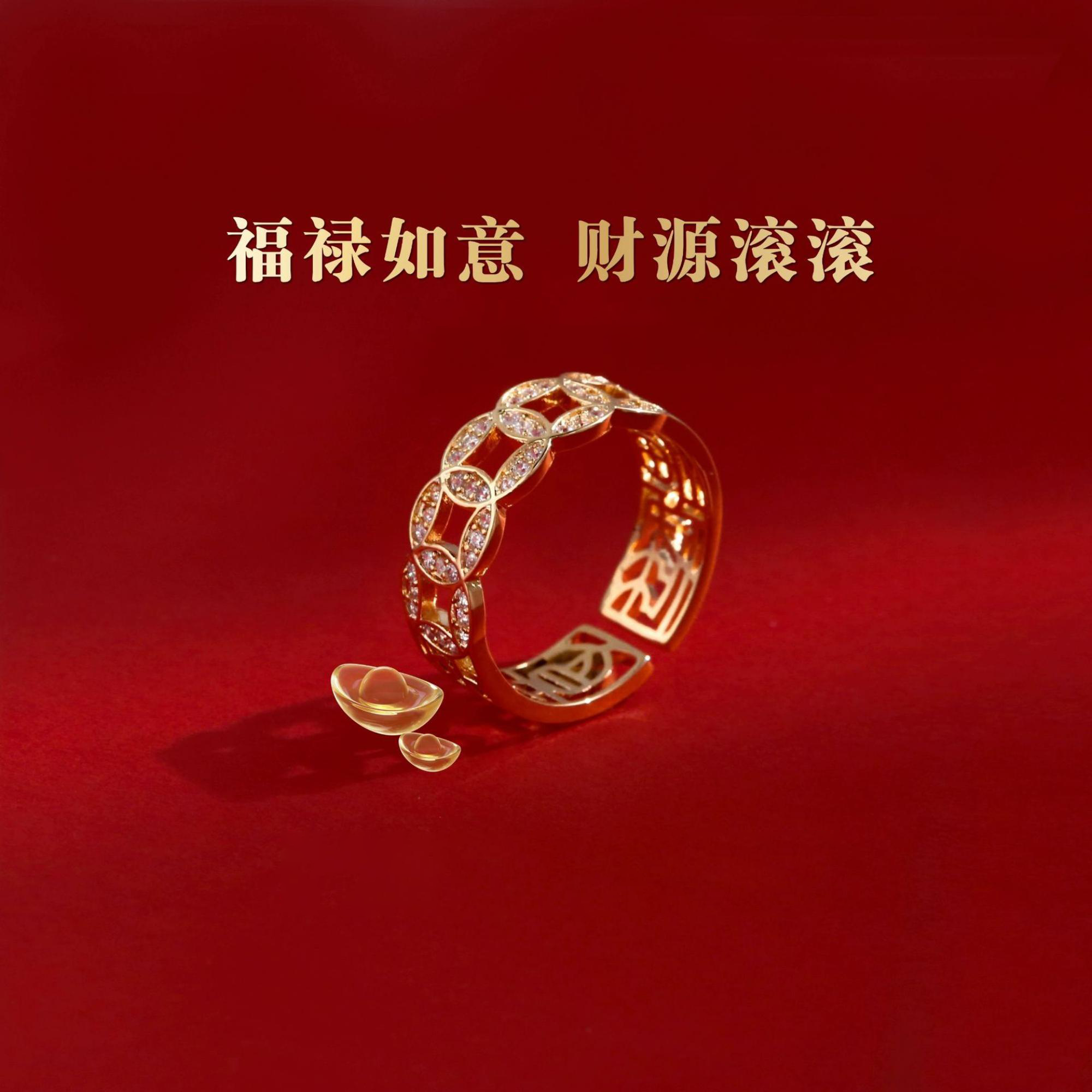 纯铜锆石戒指 个性简约福禄如意铜钱戒指女百搭五福开口指环