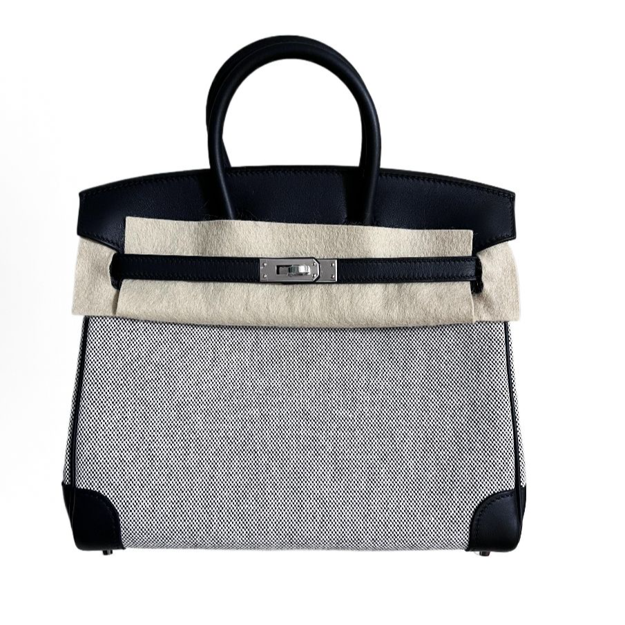 90新 Hermes/爱马仕 帆布铂金25熊猫色银扣原价1