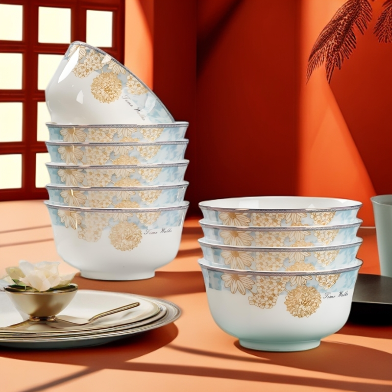 时光4.5英寸陶瓷米饭碗家用防烫金钟碗景德镇中式吃饭碗