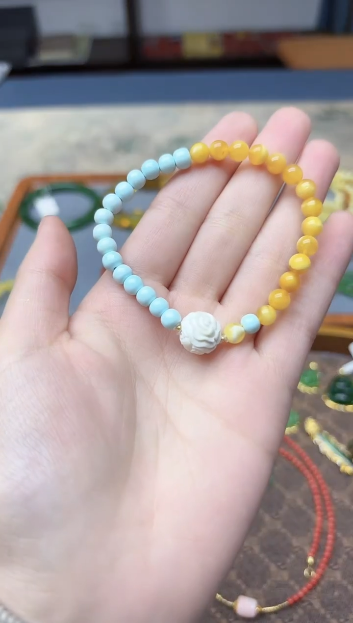 裸石蜜蜡18K金镶嵌18K金蜜蜡手串XSQ