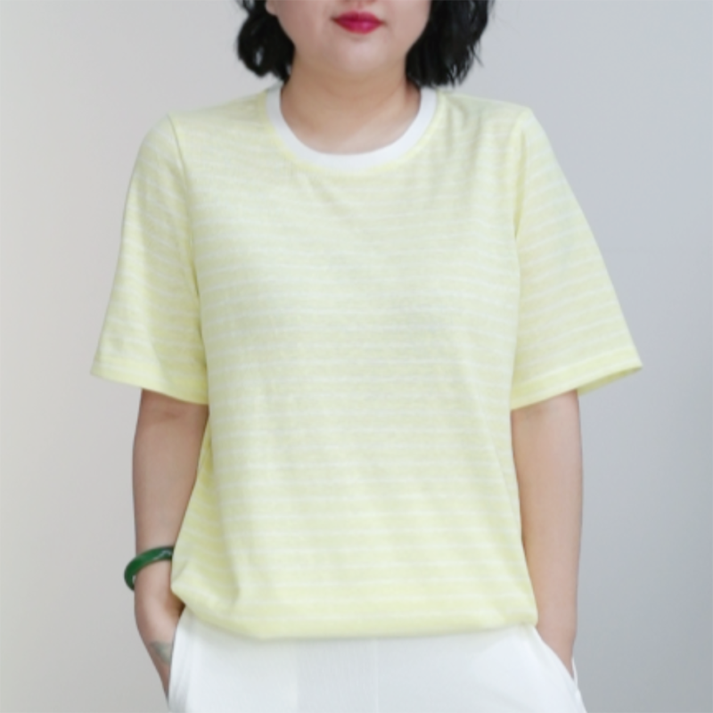 会呼吸的竹节棉T恤女大码弹力细腻糯正肩夏季轻柔透气条纹上衣