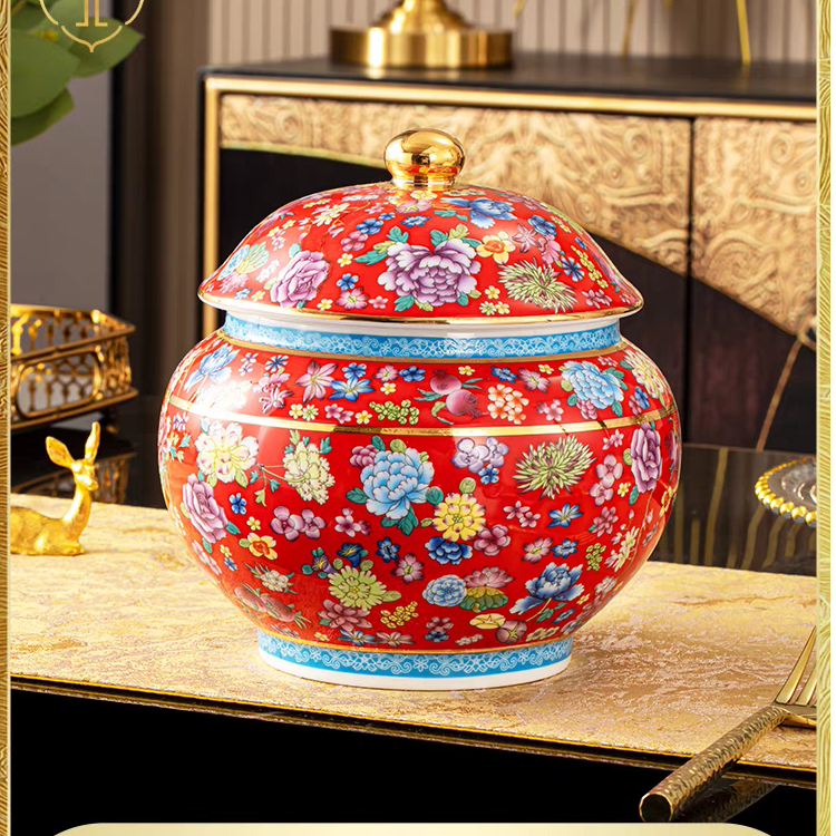 XD-ZH-XD063中国红描金万花宝珠罐+底座