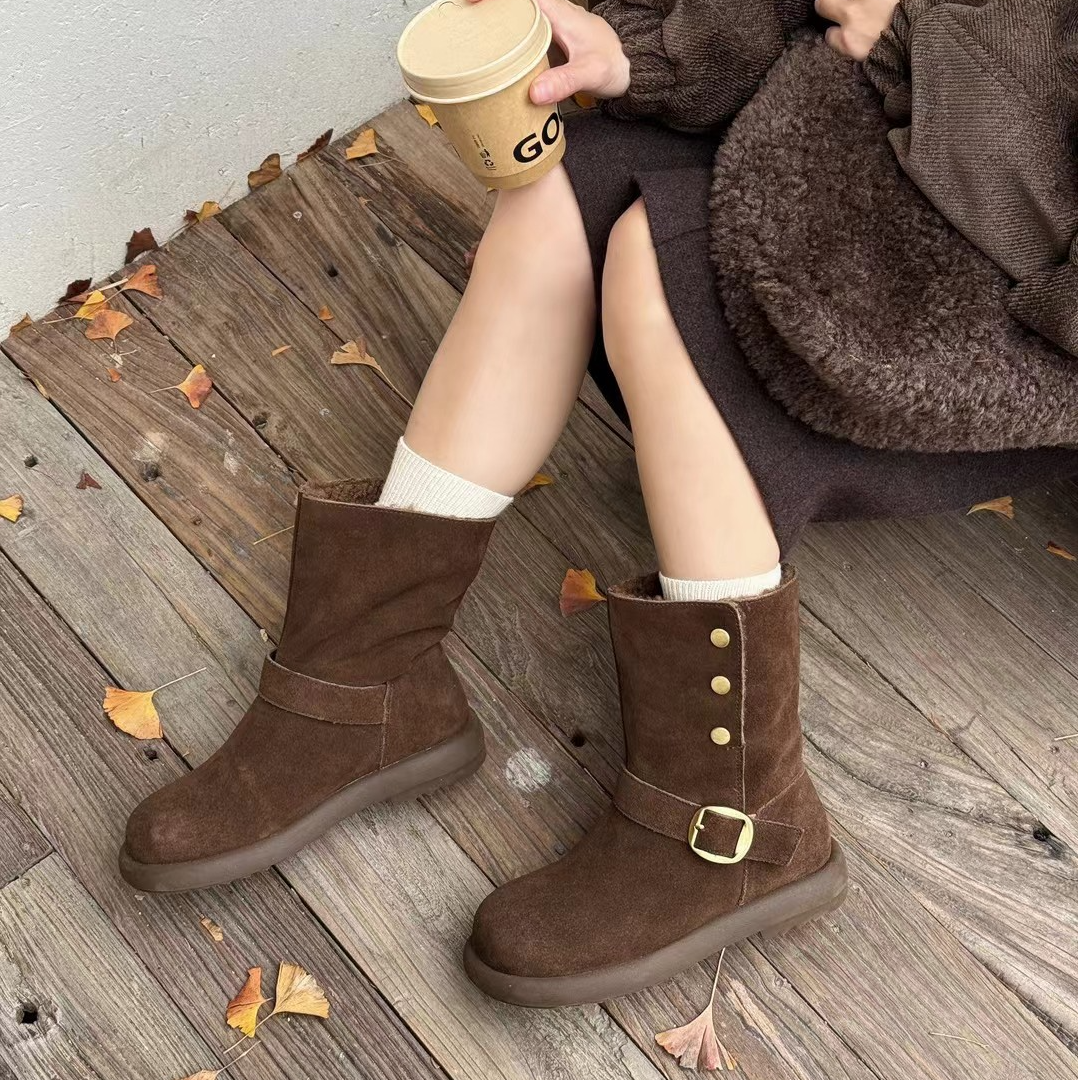 森屿暖 冬季搭扣时尚中筒雪地靴 舒适保暖奢感防滑耐磨橡胶平底