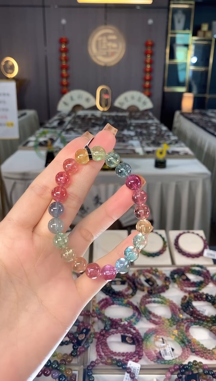 未镶嵌收藏级老矿碧玺色标彩虹单圈手串9mm+碧玺dan一物一证