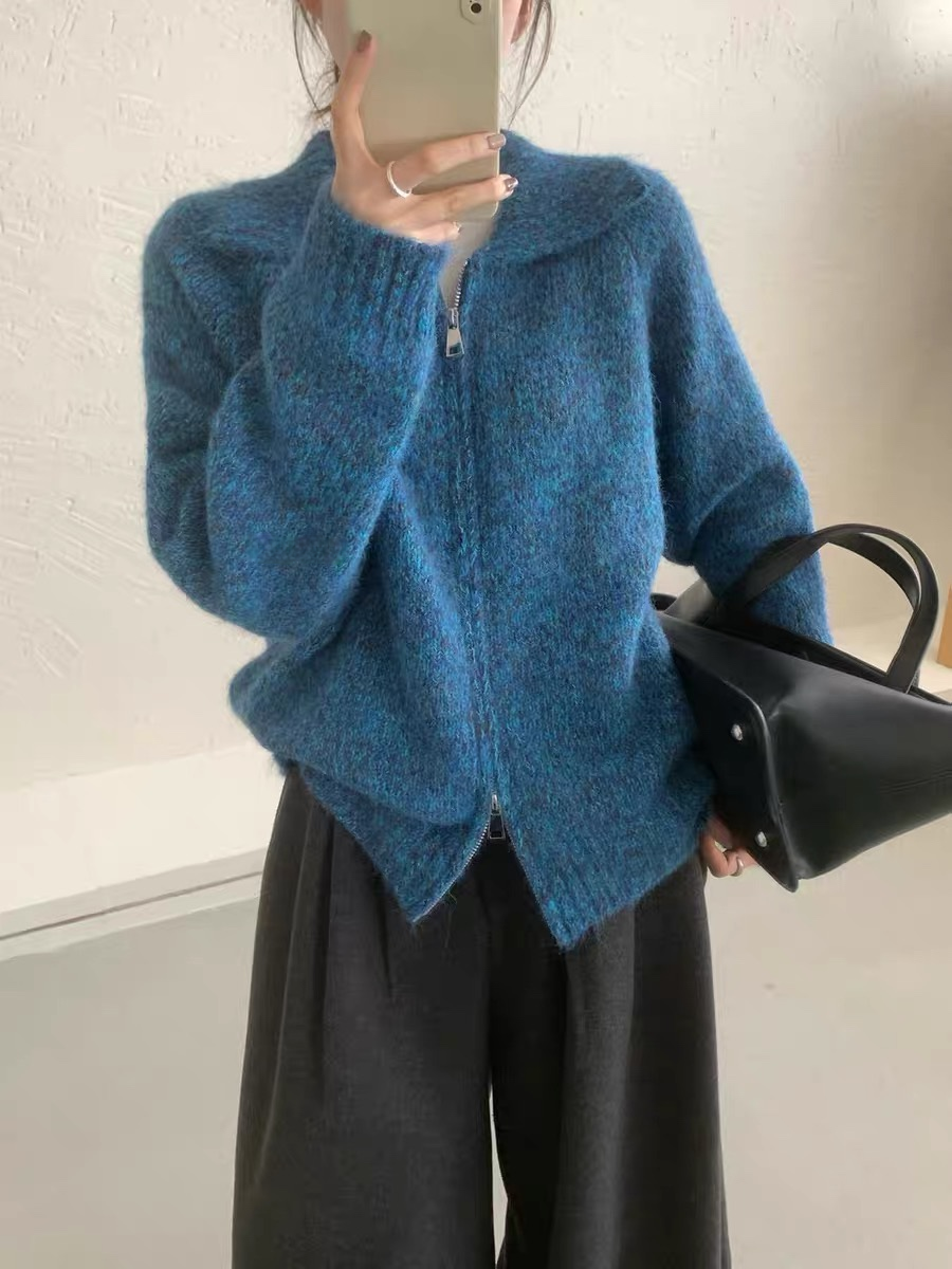 【货在仓】THE NICE软糯双拉链翻领毛衣开衫女2025冬显瘦外套